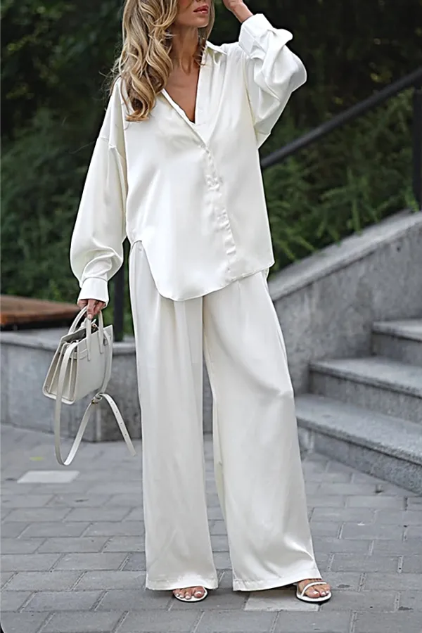 8PACK-Solid Color Silk Fabric Tank Top and Shirt and Pants Three Piece Set