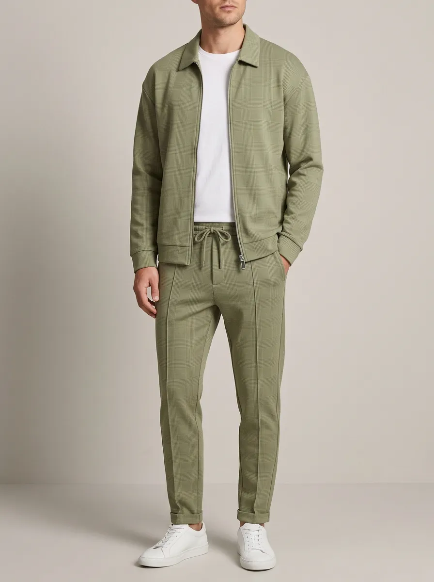 Men's Plaid Polo Collar Jacket and Jogger Pants Set