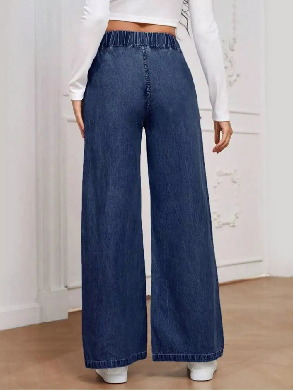 Wide Leg Elastic Waist Denim Jeans