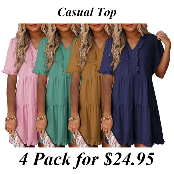 Womens Dresses 2025 Summer Spring V Neck Ruffle Short Sleeve Casual A-Line Flowy Swing Shift Dress Mini Dress