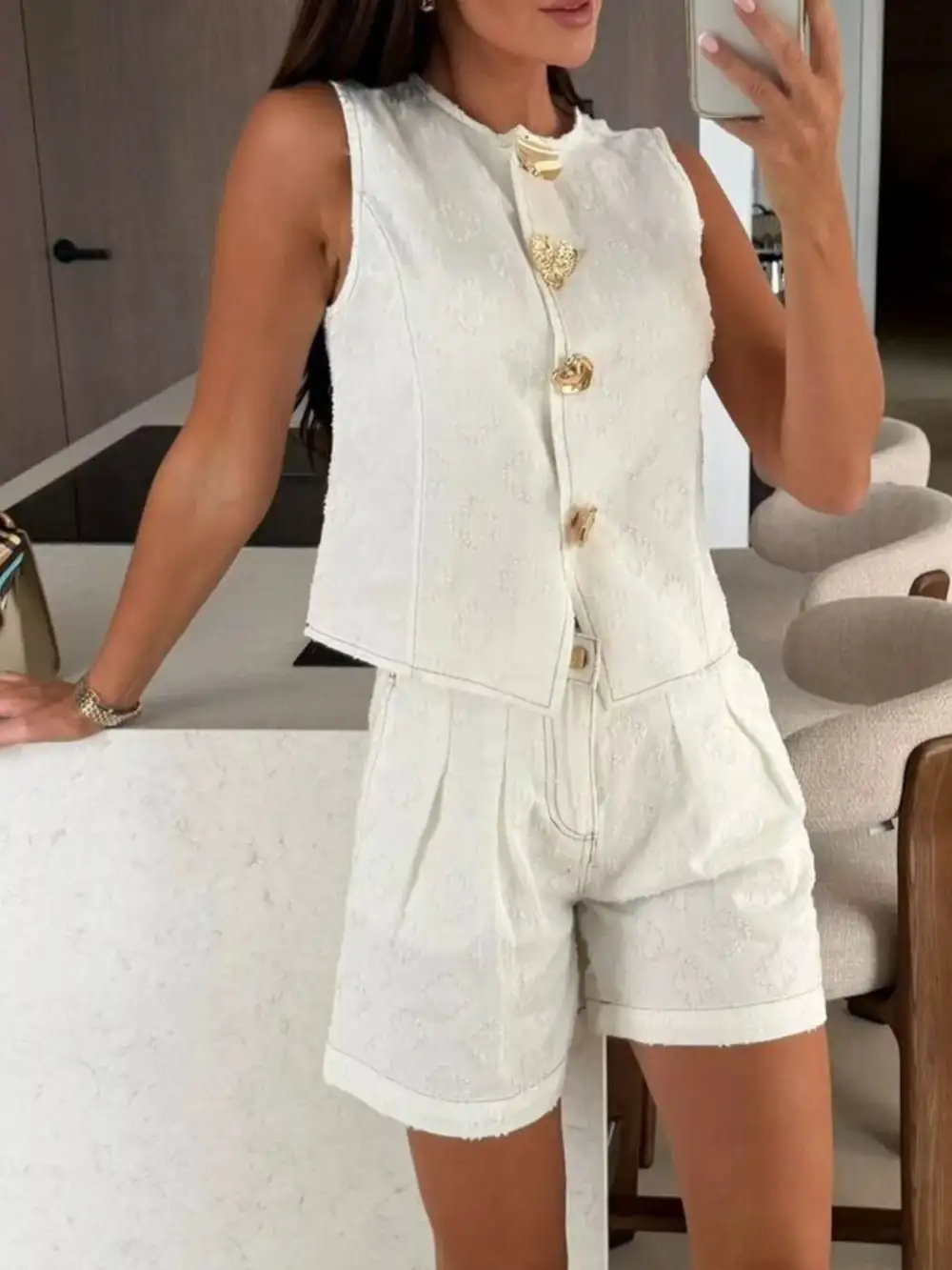 Raw-Hem Denim Embossed Vest and Shorts Matching Set