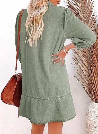 Women Fashion Fall Casual Babydoll 2025 V Neck 3/4 Puff Sleeve Jean Dresses