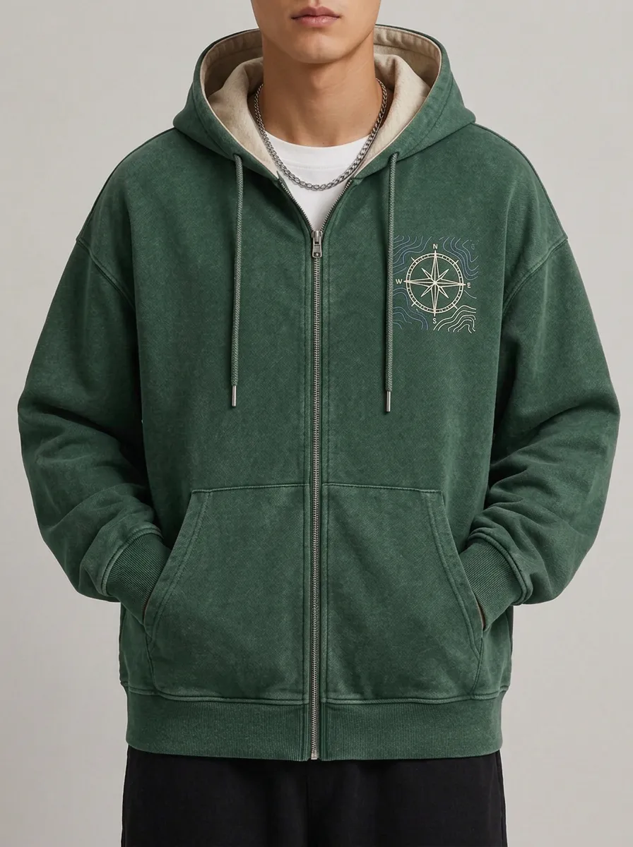 Men's Outdoor Adventure Compass Topographic Printed Zip-up Hoodie
