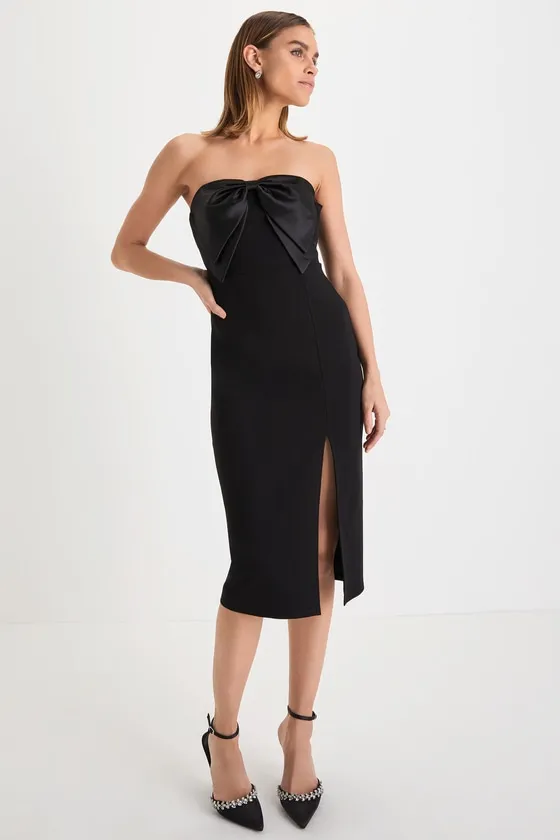 Bring the Poise Black Strapless Bow Midi Dress