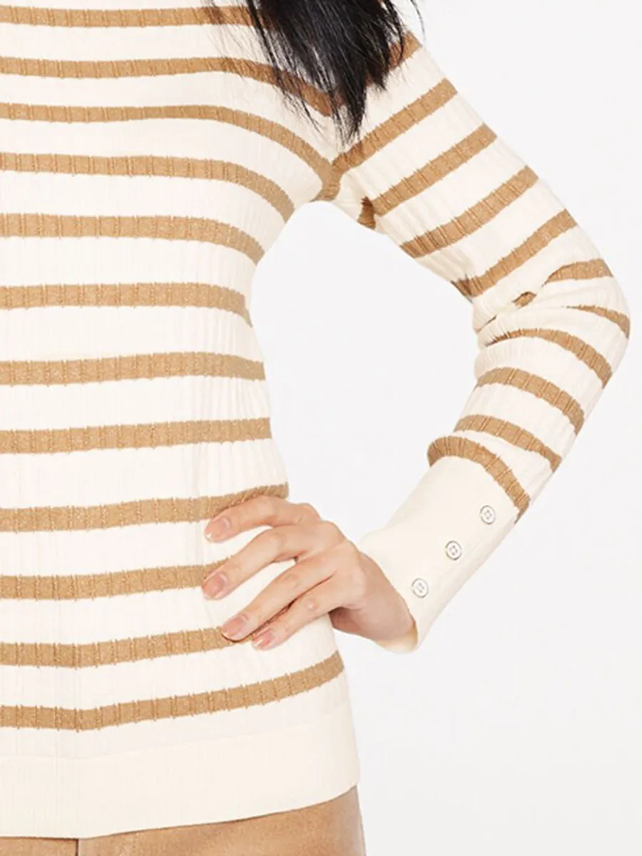 Lady'S Elegant Metallic Striped Versatile High Neck Sweater