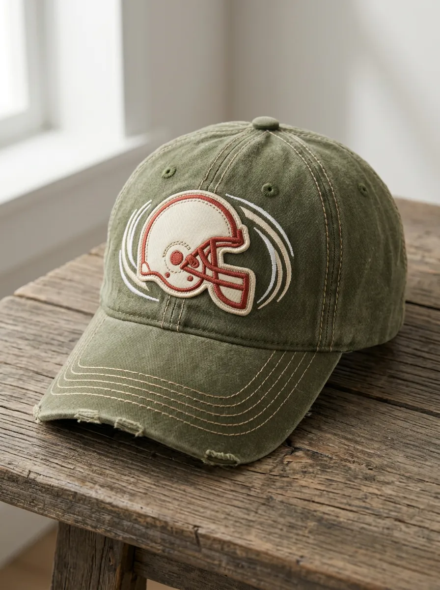 Men's Football Fan Olive Distressed Helmet Embroidered Cap