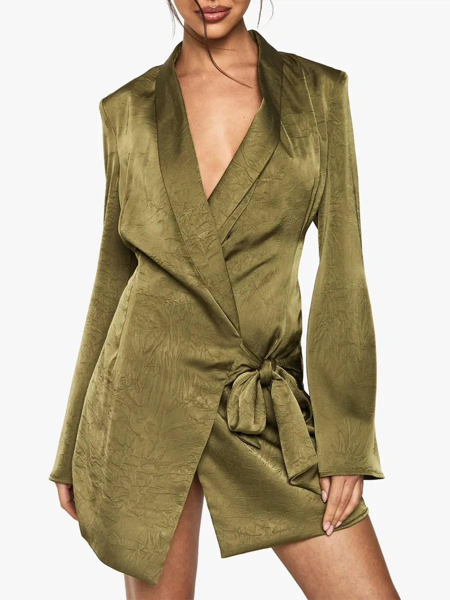Olive Green Belted Asymmetric Blazer Dress