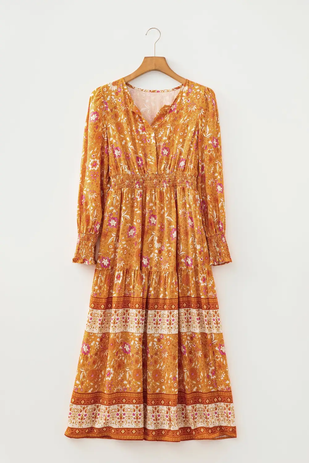 Polished Detail Floral Printed Smocked Maxi Dress