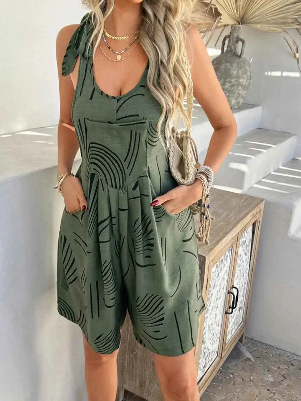 Printed Tie Shoulder Overalls With Pockets
