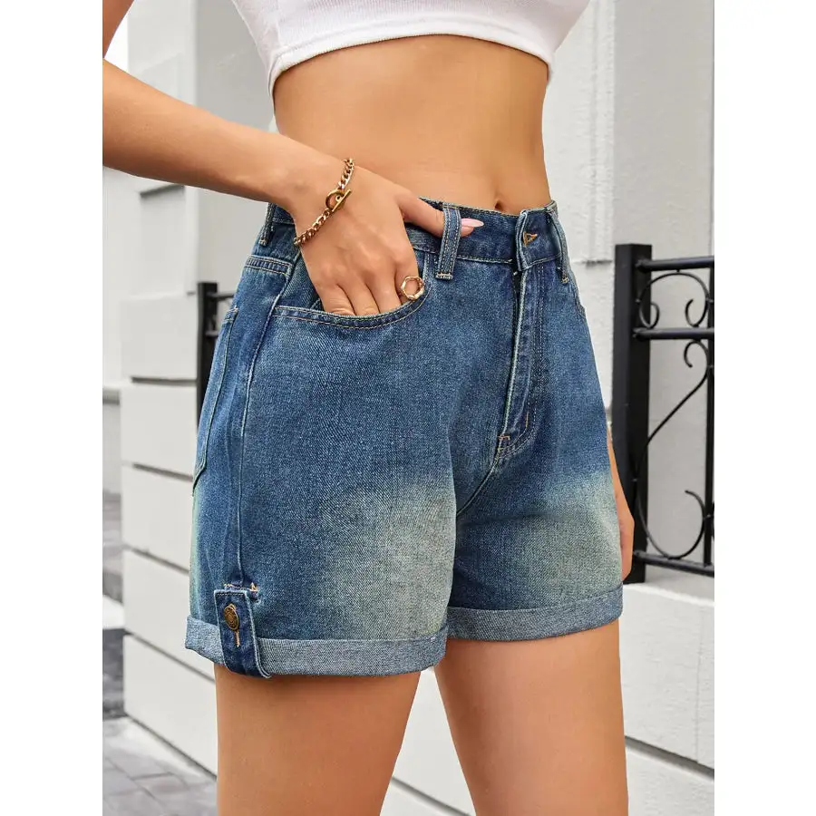 Buttoned Rolled Hem High Waist Pocketed Shorts