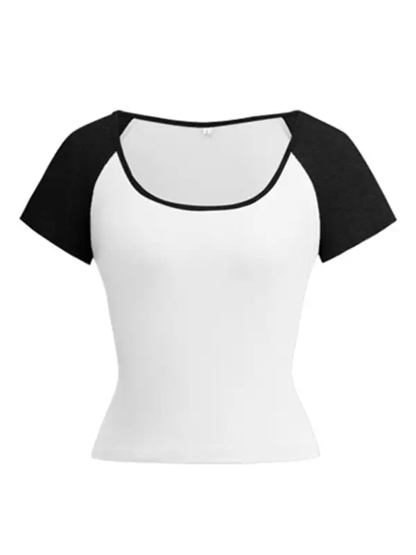 U-Neck Collared Short-Sleeve Contrast T-Shirt