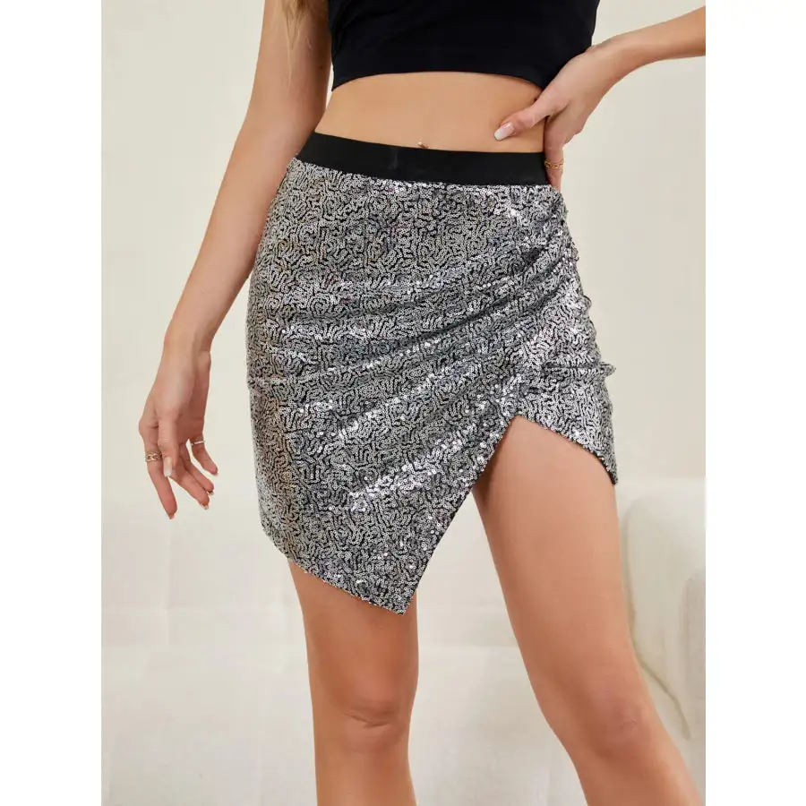 Asymmetrical Slit Sequin Skirt