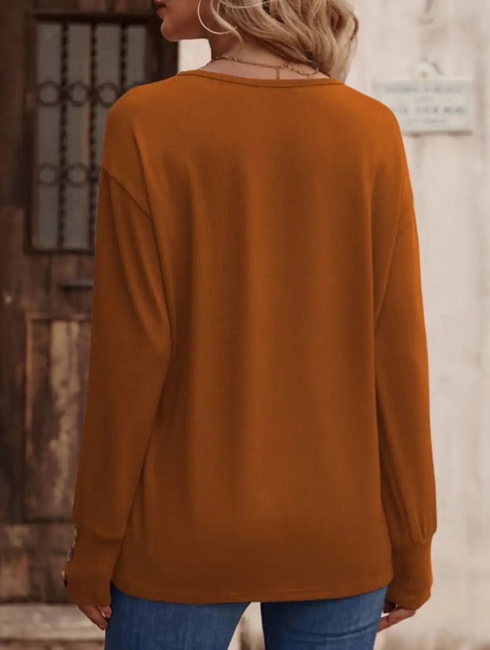 V Neck Button Loose Long Sleeve Tee