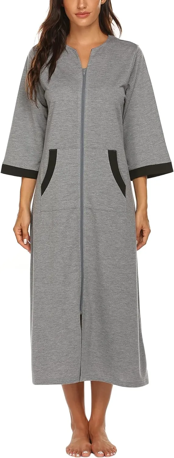 50% OFF Women Zipper Robe 3/4 Sleeves Loungewear Dress Full Length Sleepwear Pockets Housecoat Nightgown Long Bathrobe
