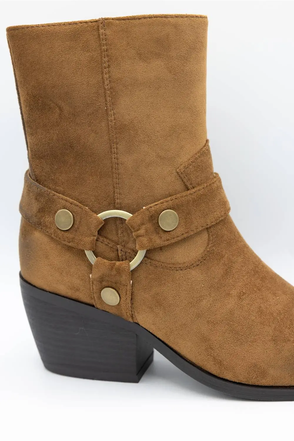 Modern Harness Suede Pointed Toe Mid Calf Bootie