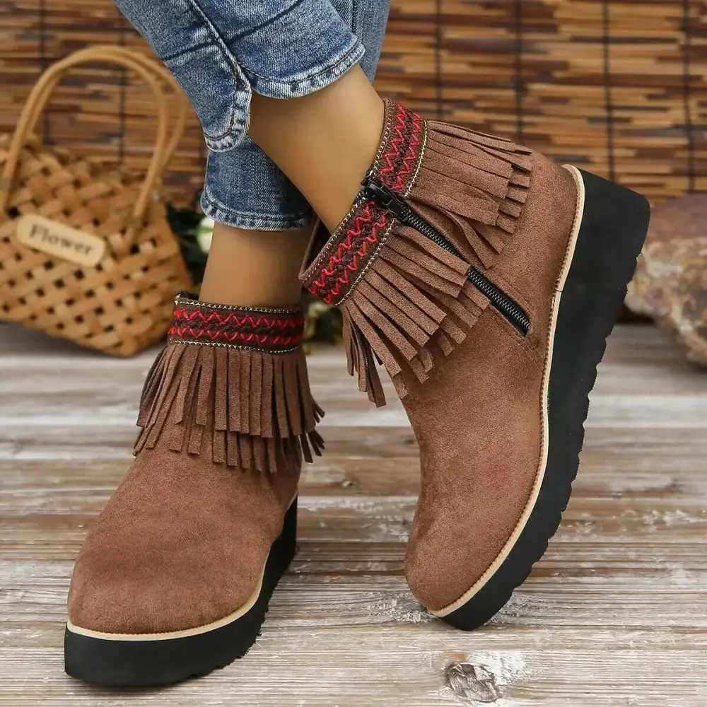 Fringe Round Toe Ankle Boots