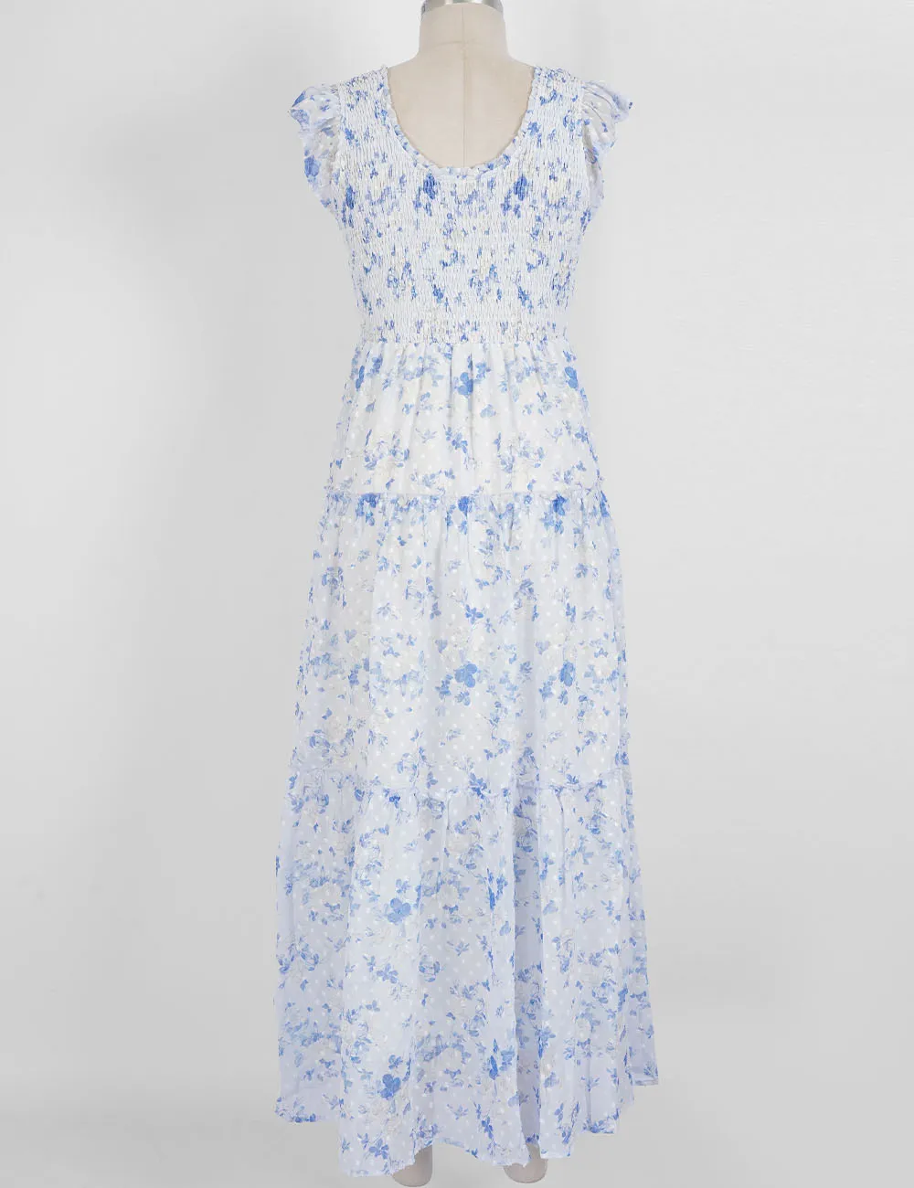 Ruffle Sleeves Tiered Hem Smocked Maxi Dress