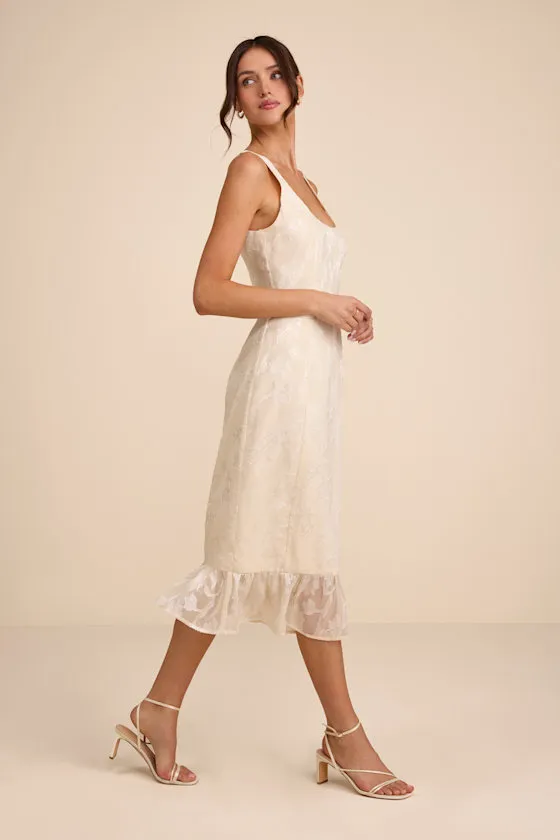 Elani Ivory Floral Burnout Trumpet Midi Dress