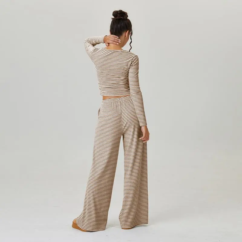Women's Slouchy Square Neck Stripe Long Sleeve Crop Top & Low-Rise Wide Leg Trousers Co-ord