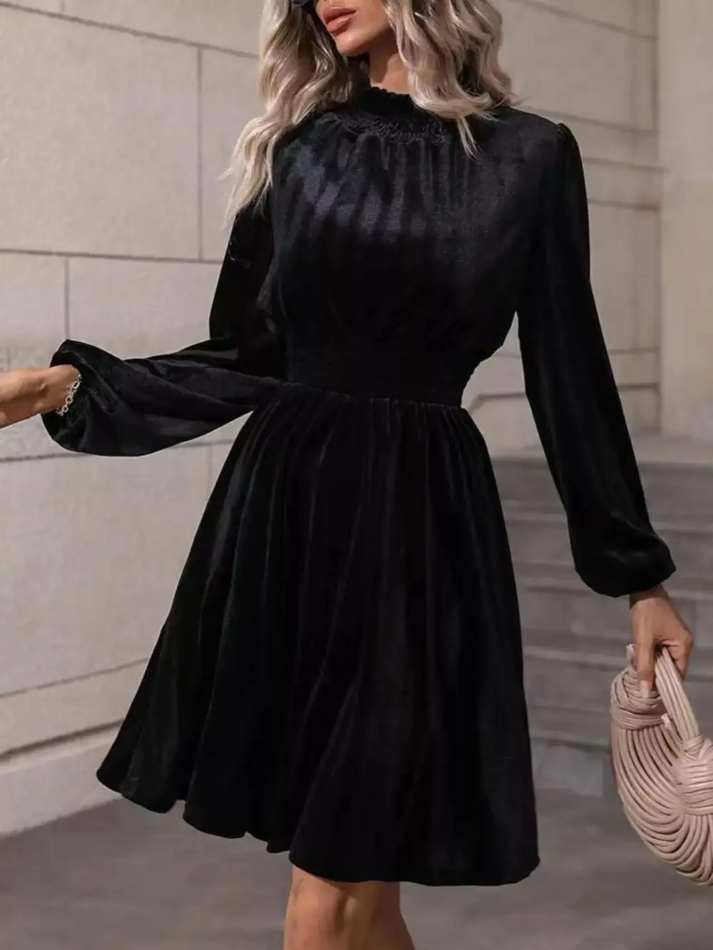 Velvet High Neck Long Sleeve Dress Casual