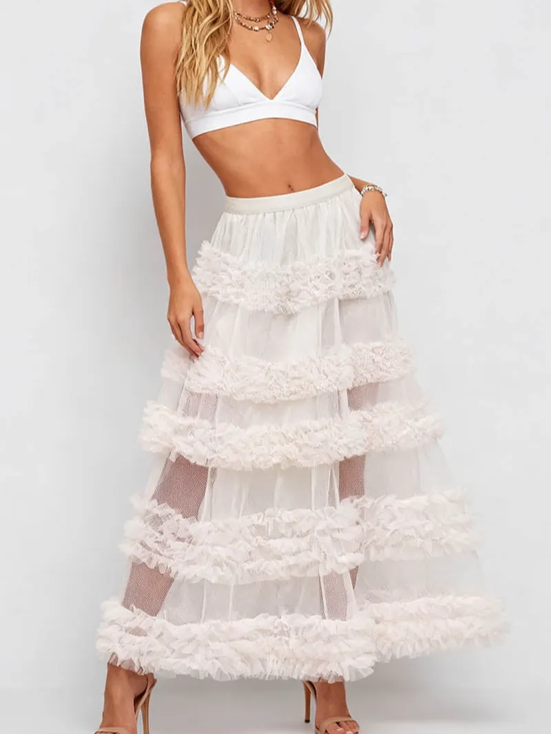 Layered Ruffle Sheer Mesh Elastic Waist Maxi Skirt