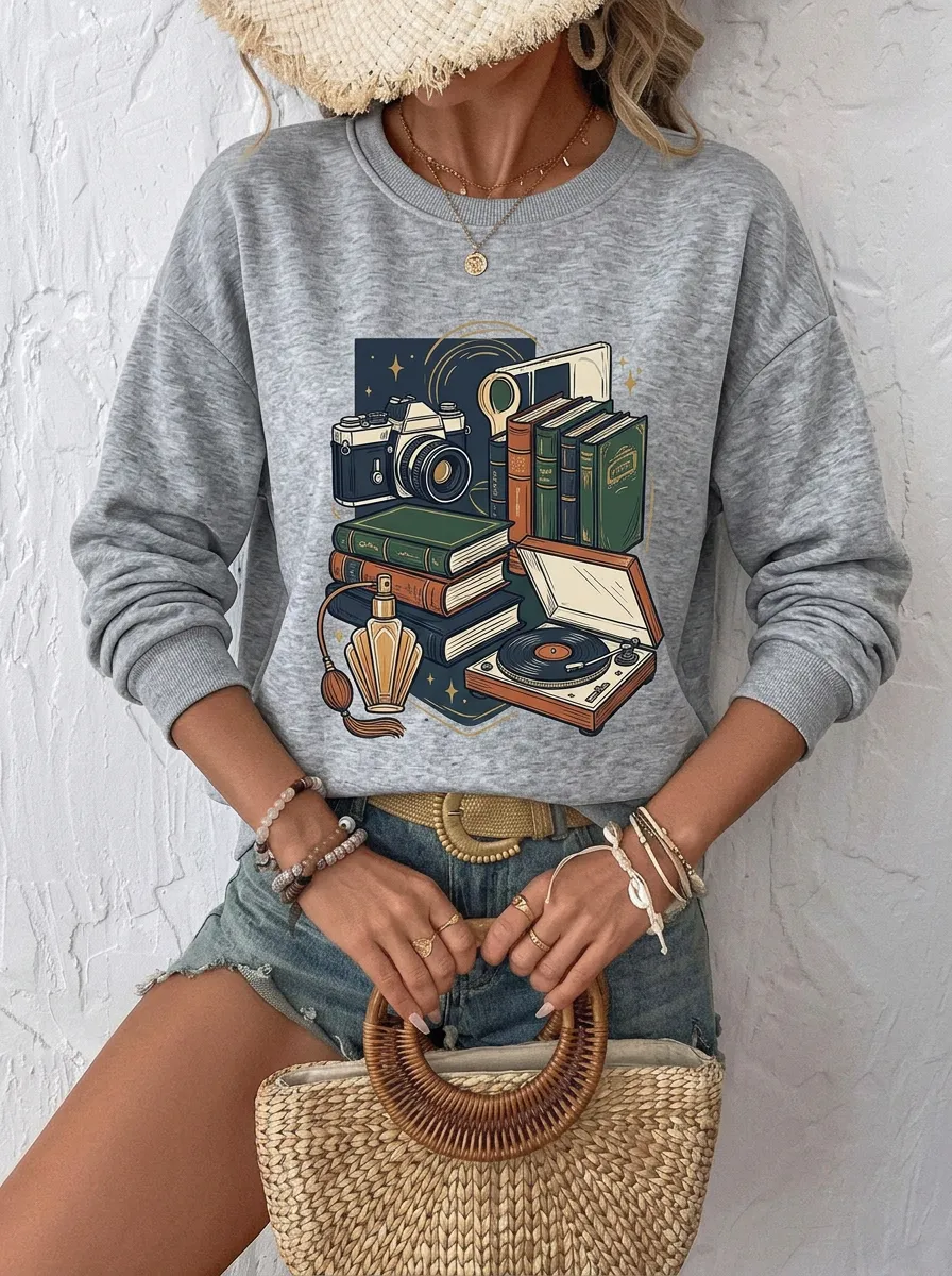 Women's Retro Aesthetic Book Camera Record Player Printed Sweatshirt