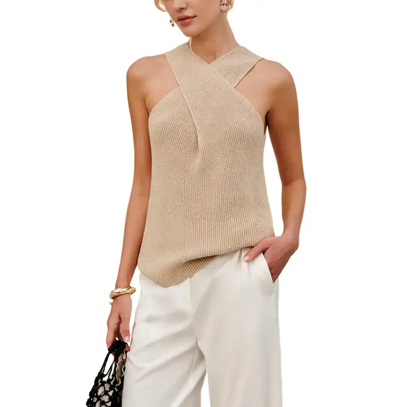 Tanming Women's Halter Cross Over Collar Tank Knit Sleeveless Camisole Top