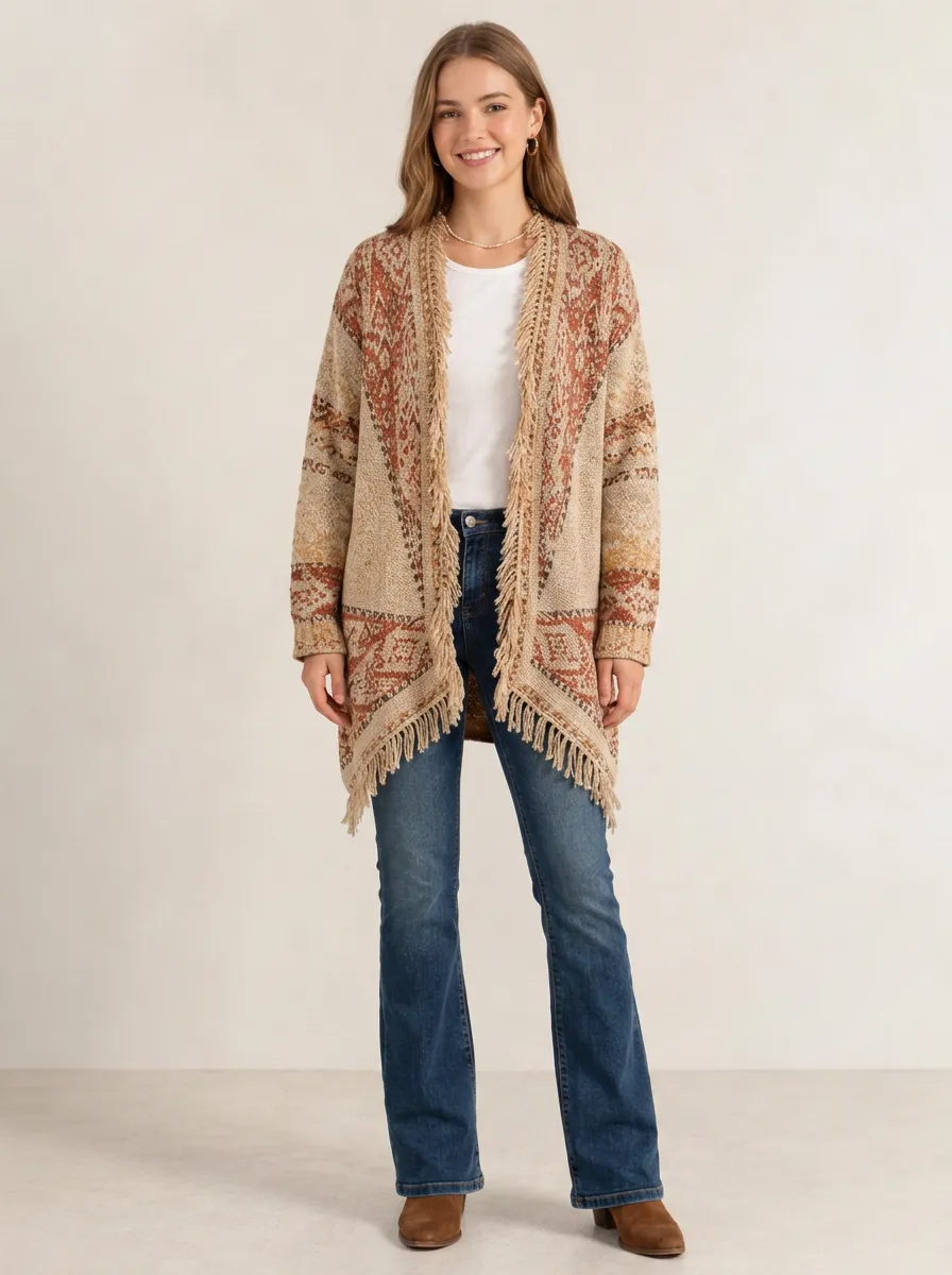 Women's Patterned Fringe Open-Front Cardigan Open-Front