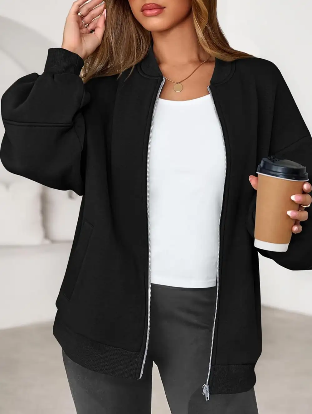 Textured Detail Zip-Up Sweatshirt Jacket