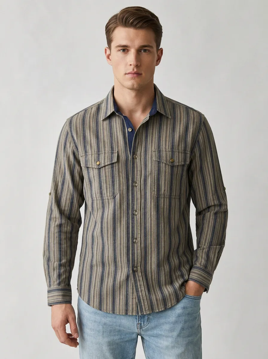Men's Casual Style Brown Blue Vertical Striped Printed Shirt