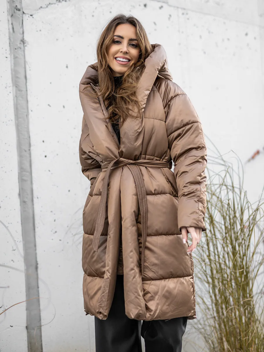 Camel women's long quilted winter jacket with hood