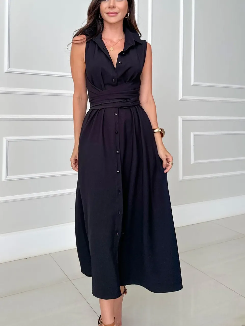 Shirt Style Single Breasted Tie Midi Dress