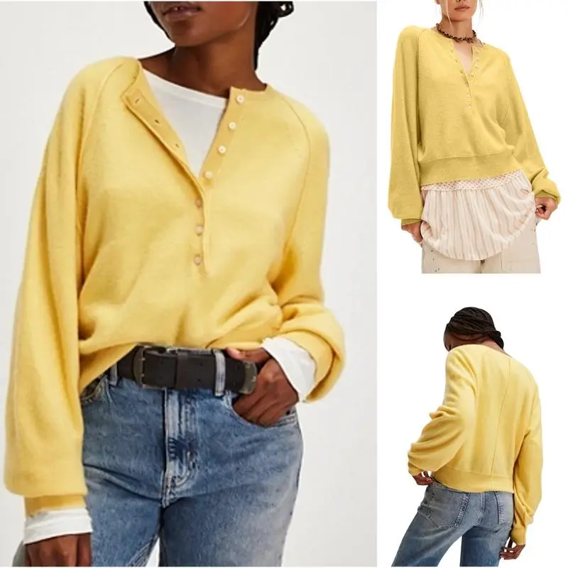 Women's Henley Neck Half-Button Knitting Sweater