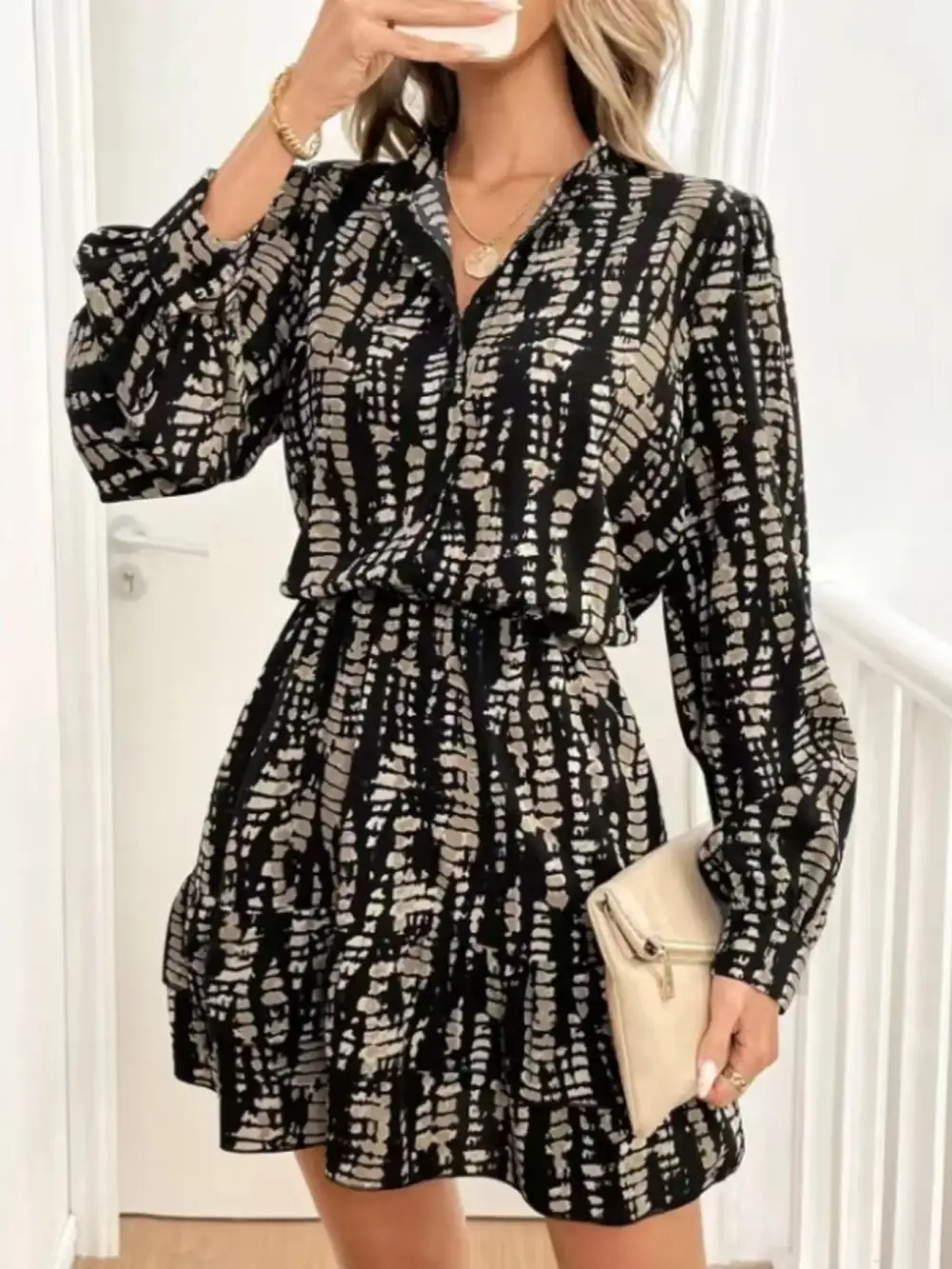 Comfort Fit Ruffle Long Sleeve Mini Dress