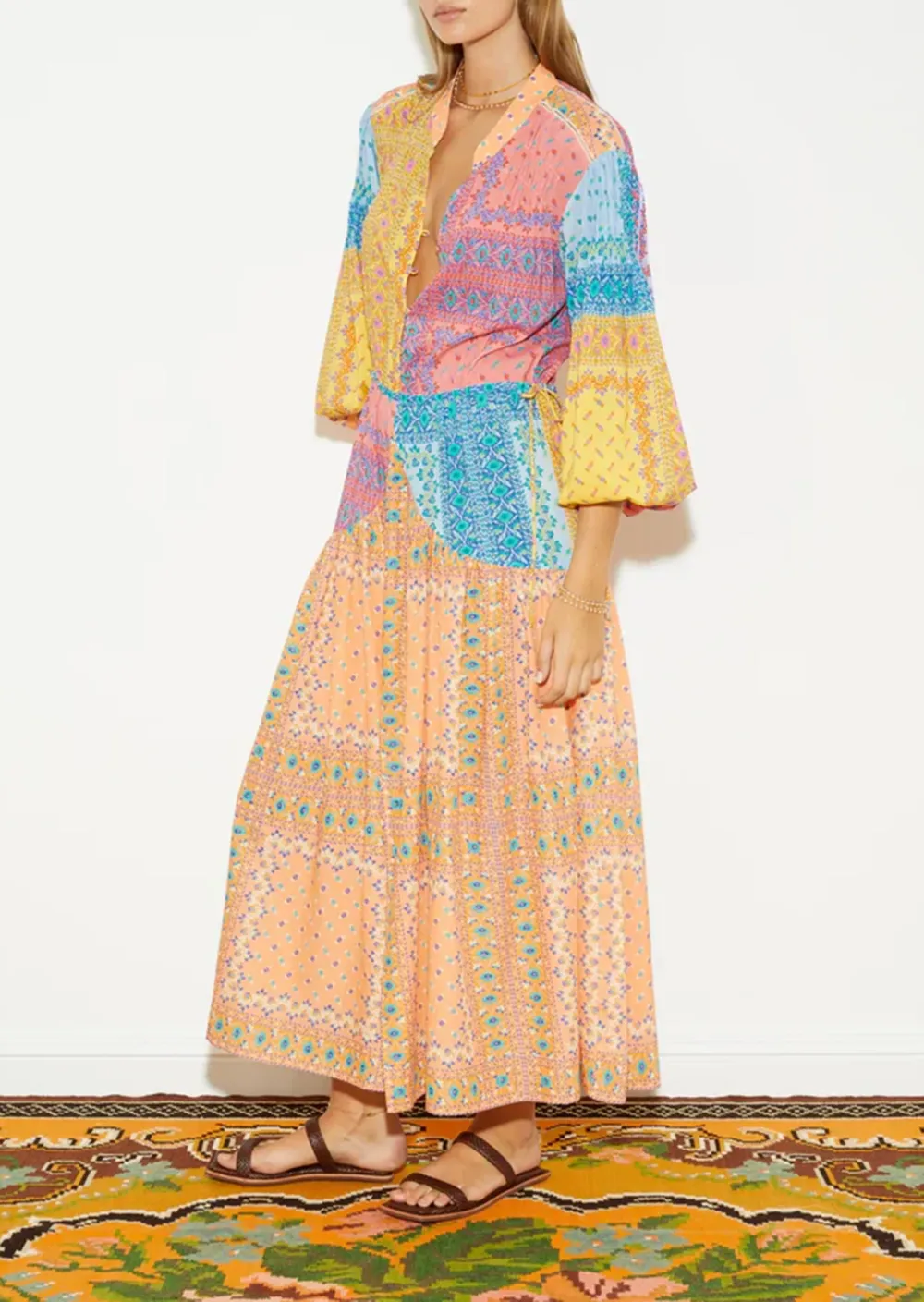 CONTRAST COLOR MAXI SMOCK DRESS
