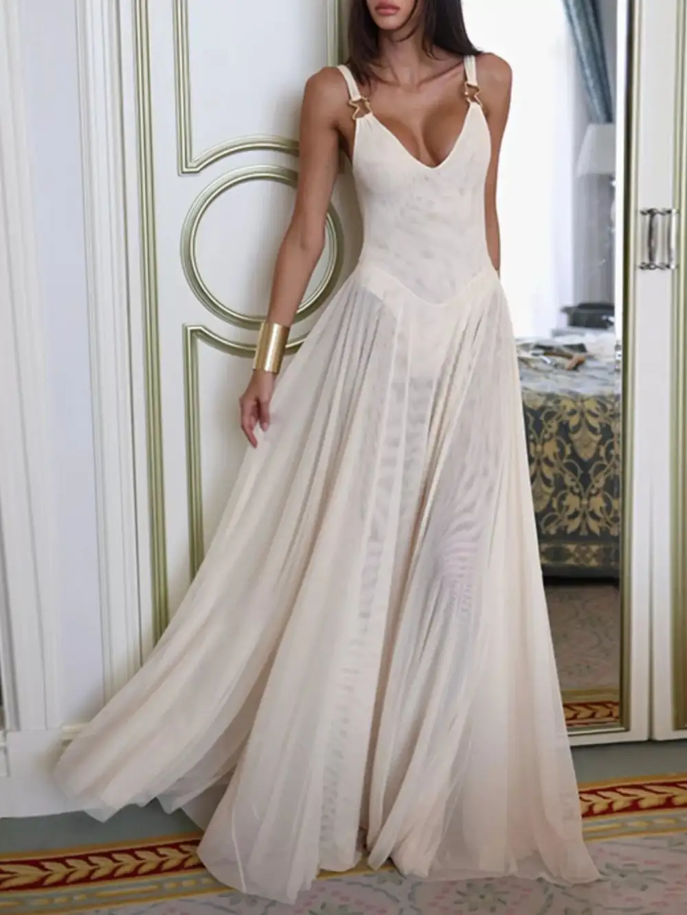 Sleeveless Sheer Maxi Dress with Hardware Detail
