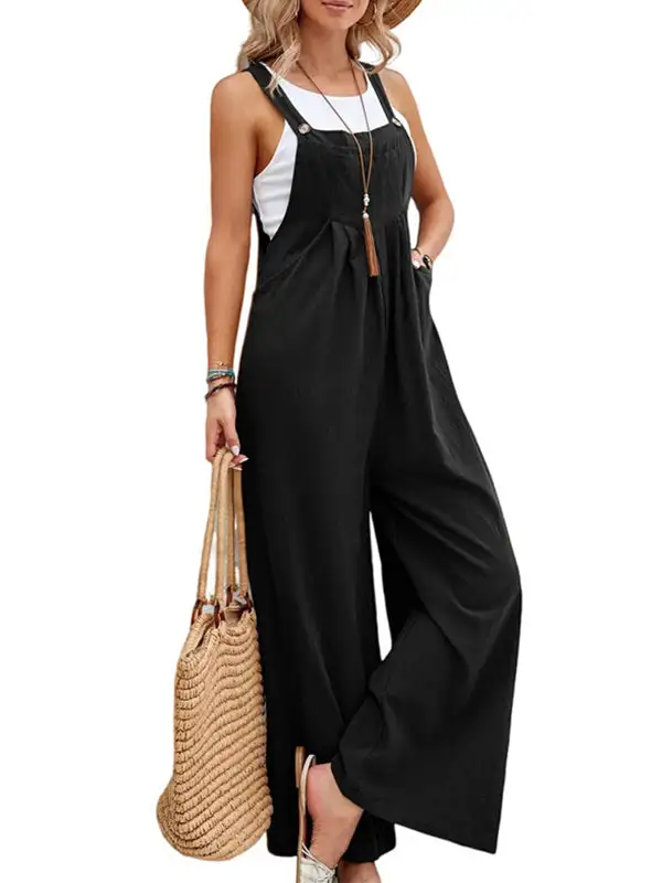 Loose Pleated Split-Joint Spaghetti-Neck Overalls