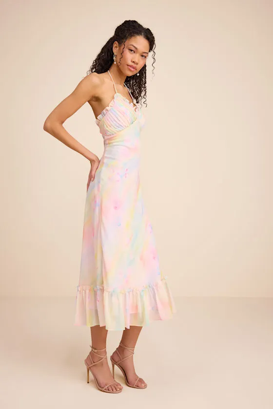 Jamaya Multi Abstract Floral Lace-Up Midi Dress