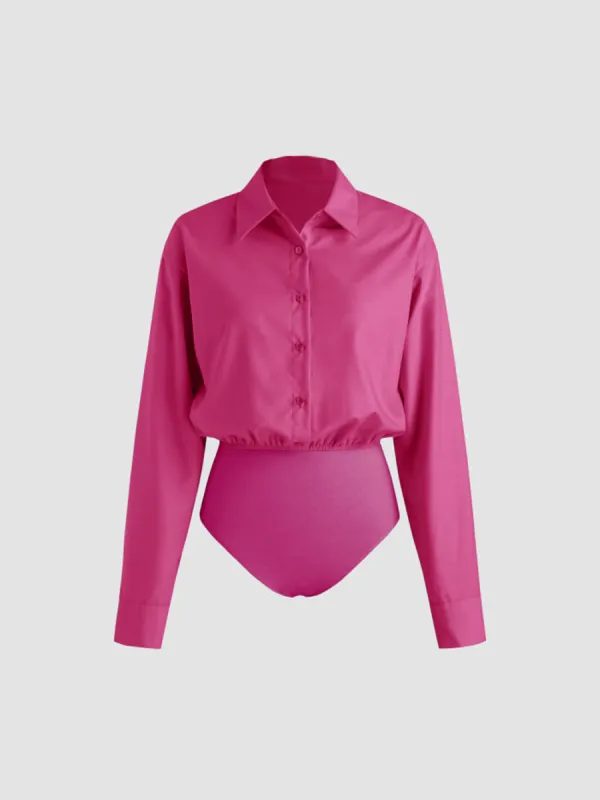 Collar Solid Button Long Sleeve Blouse Bodysuit