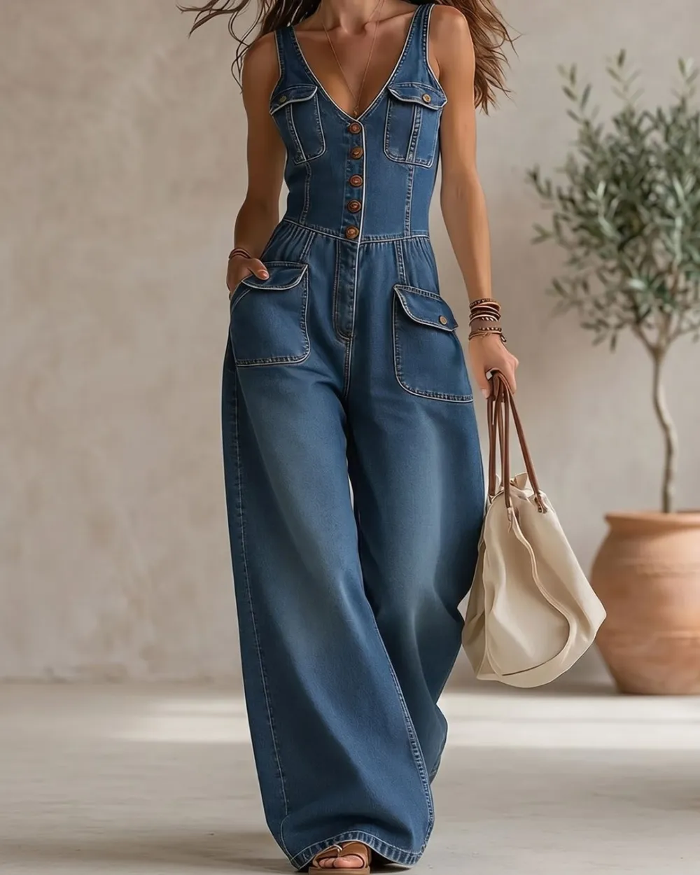 Washed Denim Loose-Fit Sleeveless Jumpsuit