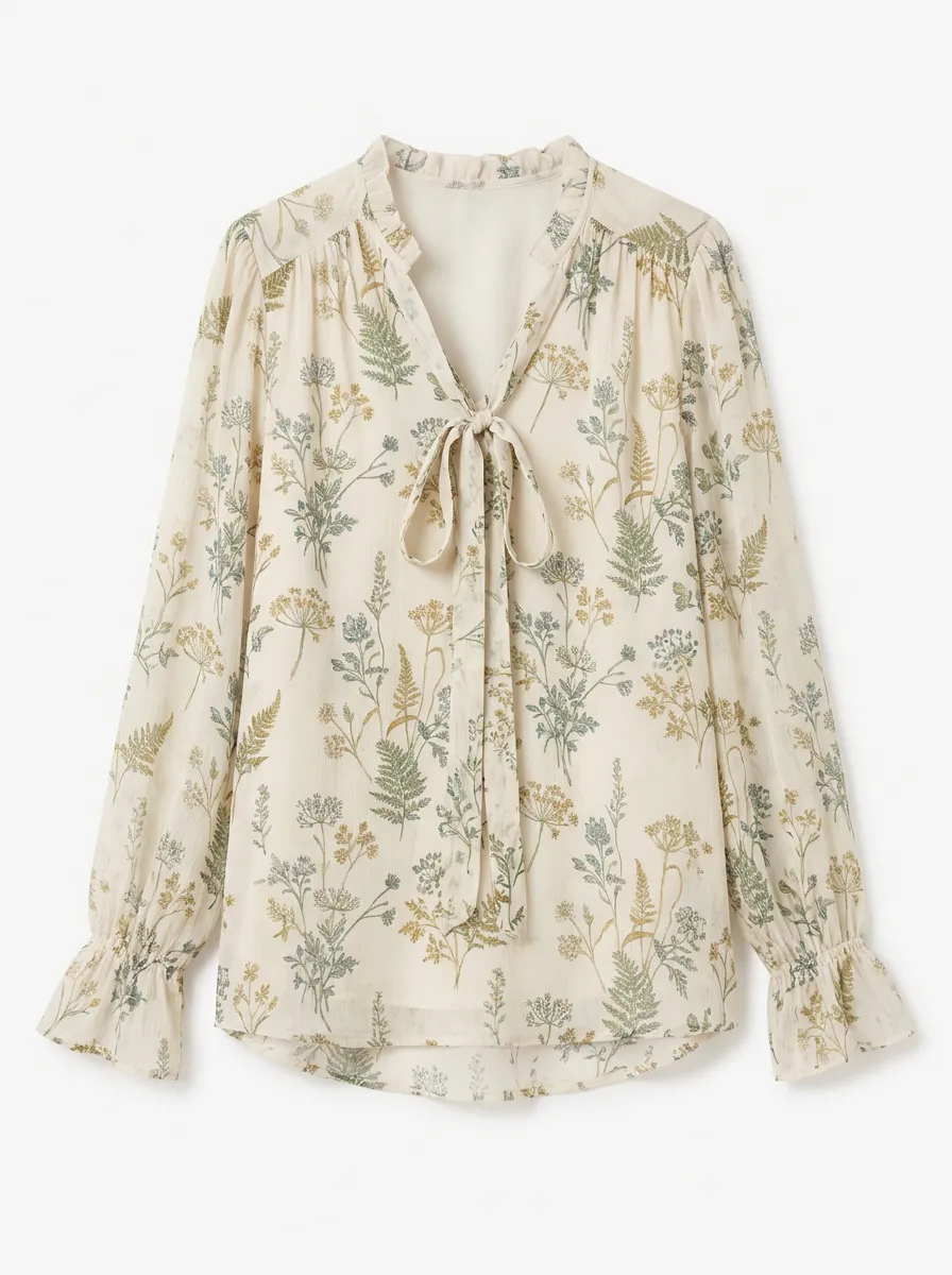 Women's Botanical Fern Floral Printed Tie-Neck Blouse