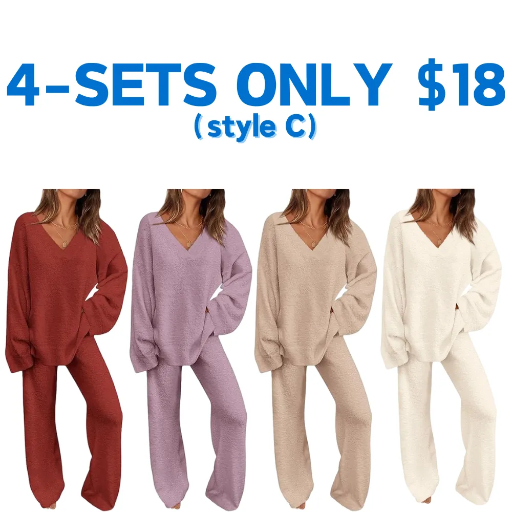 Women's 2-Piece Lounge Set Soft Chunky V Neck Tops& Wide Leg Long