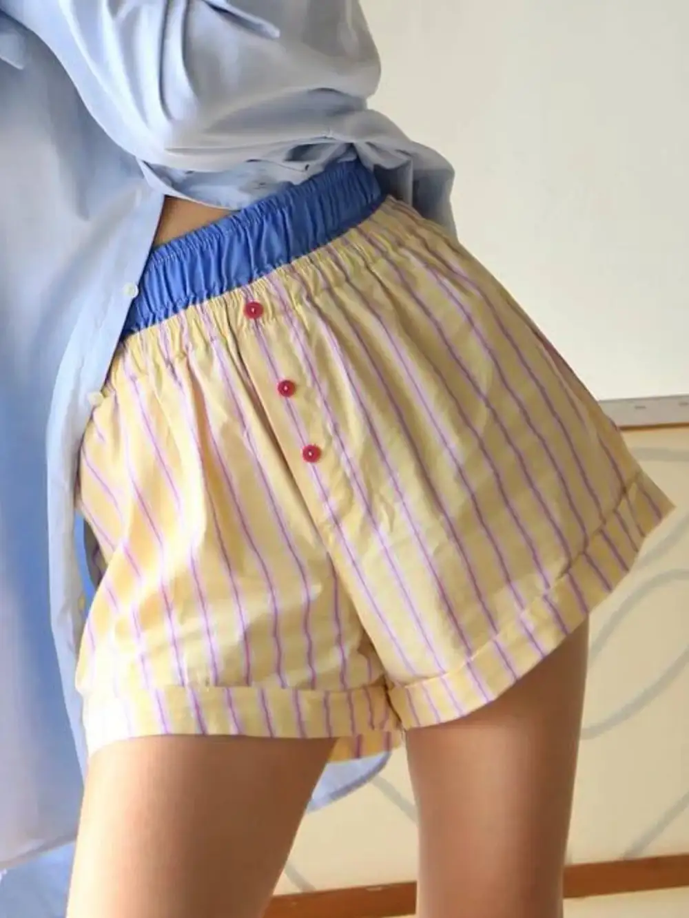 Textured Striped Elastic Waist Shorts