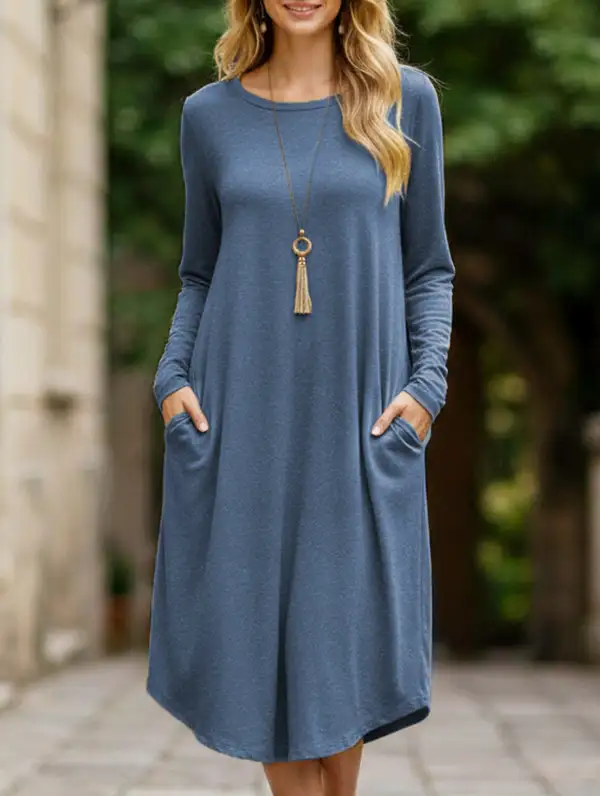 Midi-Length Round Neck Long-Sleeved Dress