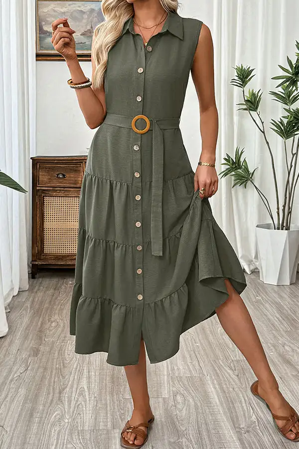 Lapel Button High Waist Midi Dress