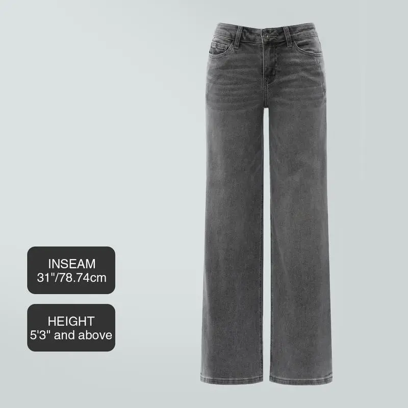 Mid-low Rise Baggy Jeans Stretchy Wide Leg for Women Distressed Pants