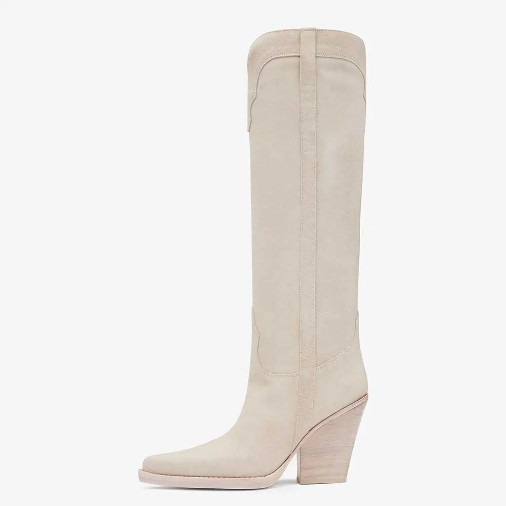 Faux-Suede Pull-On Pointed-Toe Chunky-Heel Knee-Length Western Boots