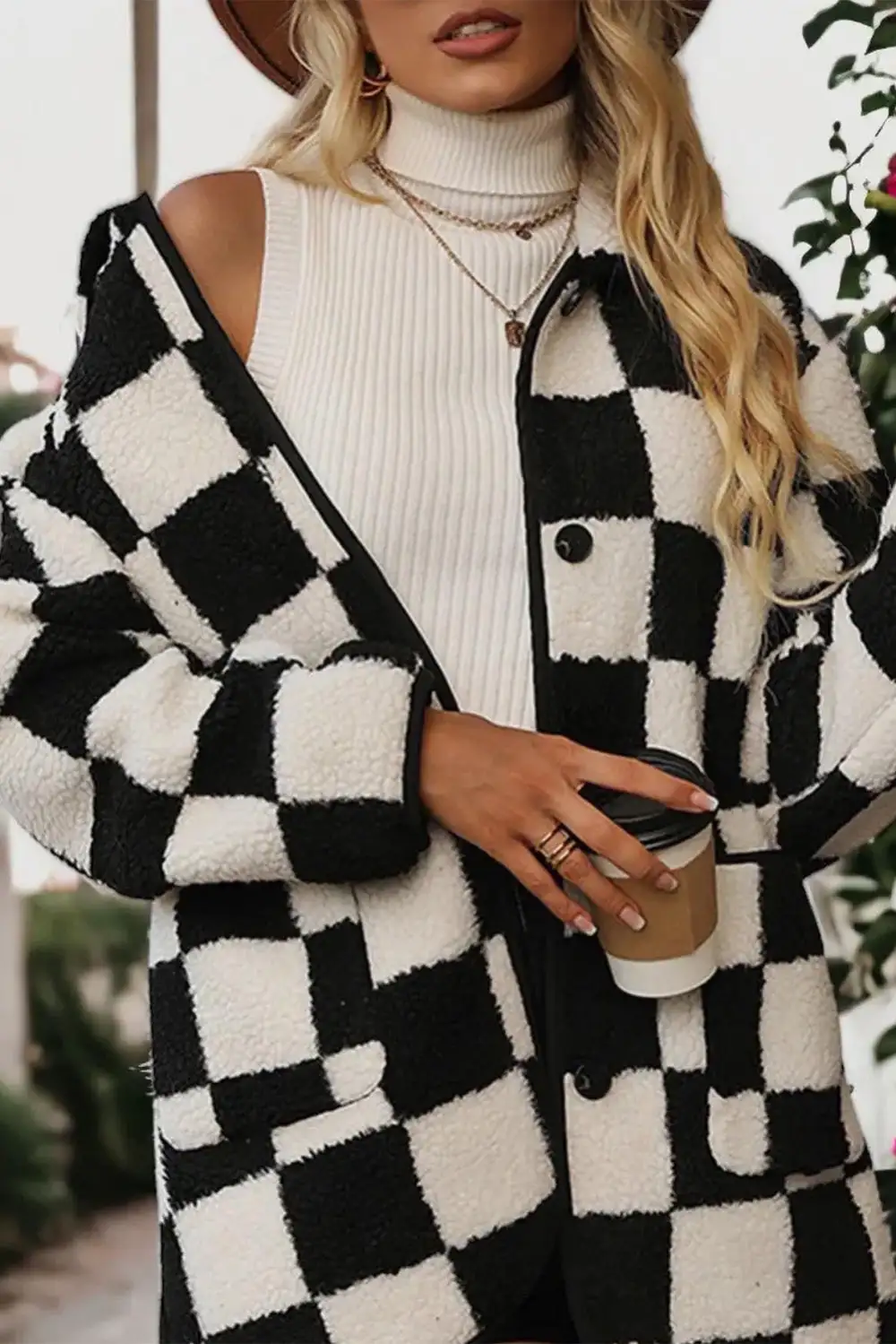 Checkered Side Pockets Collared Button Fleece Jacket