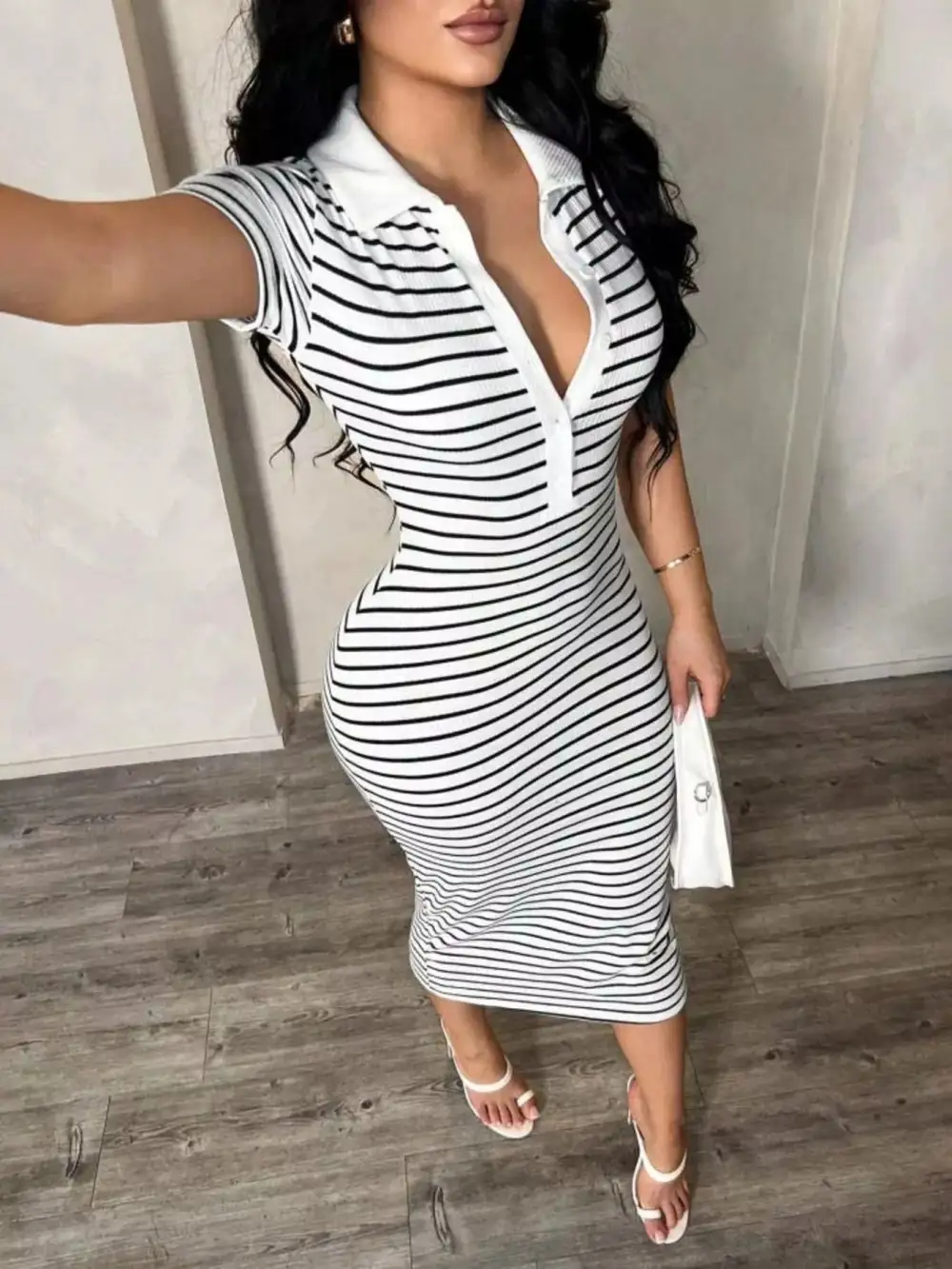 Slight Stretch Buttoned Striped Polo Midi Dress