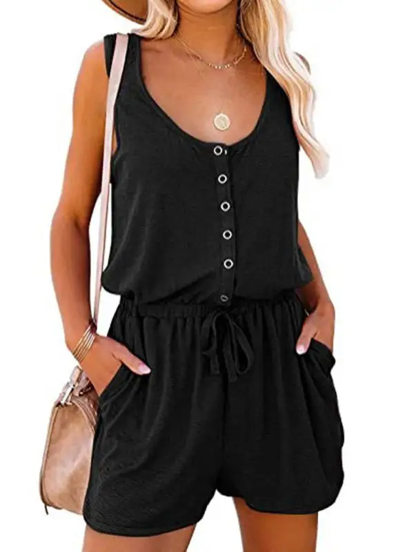 Sleeveless Jumpsuit Waist Tie Loose Wide Shorts
